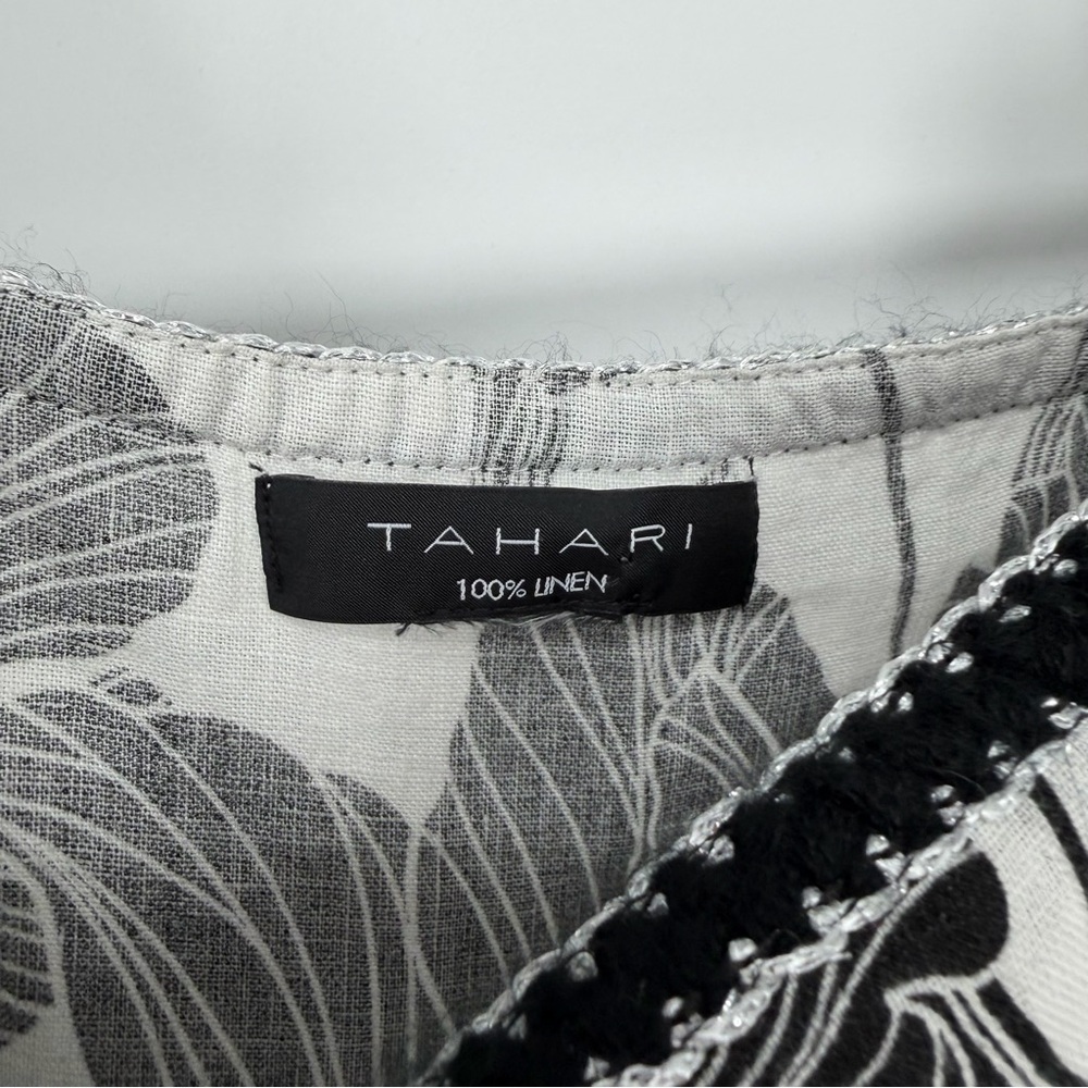 Tahari 100% Linen Black and White Floral Top - Picture 4 of 7